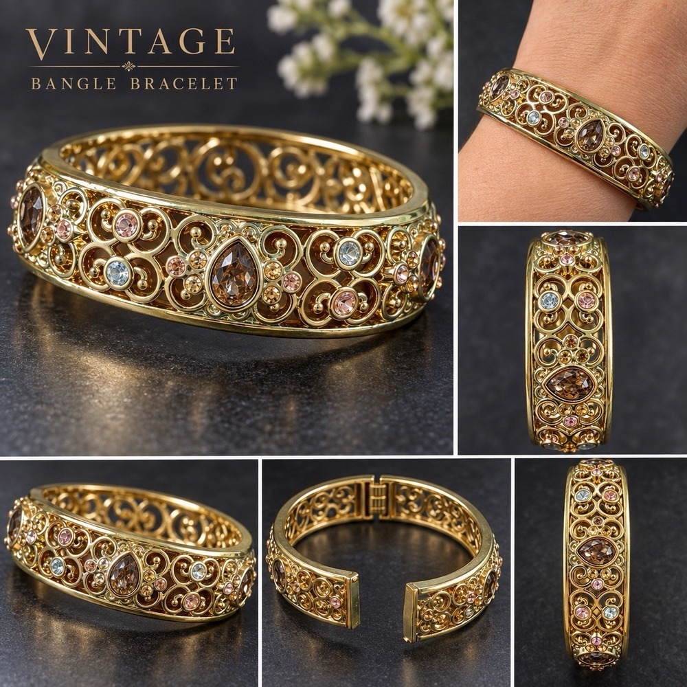 Vtg Avon "Gilded Empire" Hinged Clamper Bangle Bracelet Amber Rhinestone #1325